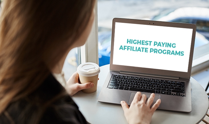 Image of a person looking at a laptop with text "highest paying affiliate programs"