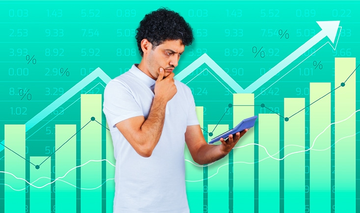 An image featured on the '10 Proven Strategies: How to Increase AOV' post by Advertise Purple. It shows a graph with an upward trend representing AOV growth and a person holding a calculator, symbolizing effective AOV increase strategies.