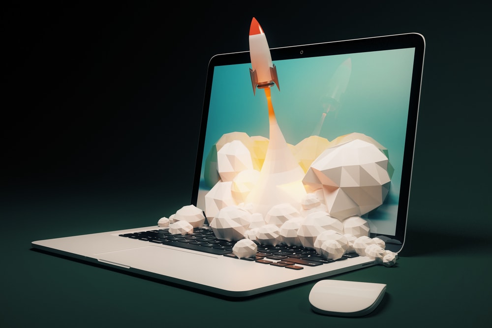 website speed optimization example of rocket blasting out of computer